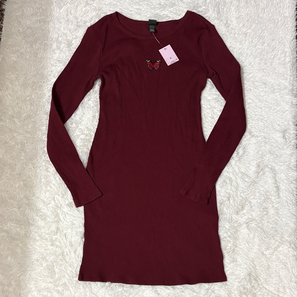 NWT Wild Fable Opulent Red Ribbed Long Sleeve Butterfly Embroidered Dress Size M